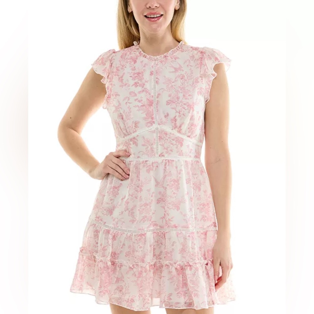 Trixxi Juniors' Flutter-Sleeve Tiered Mini White/Pink Floral Dress